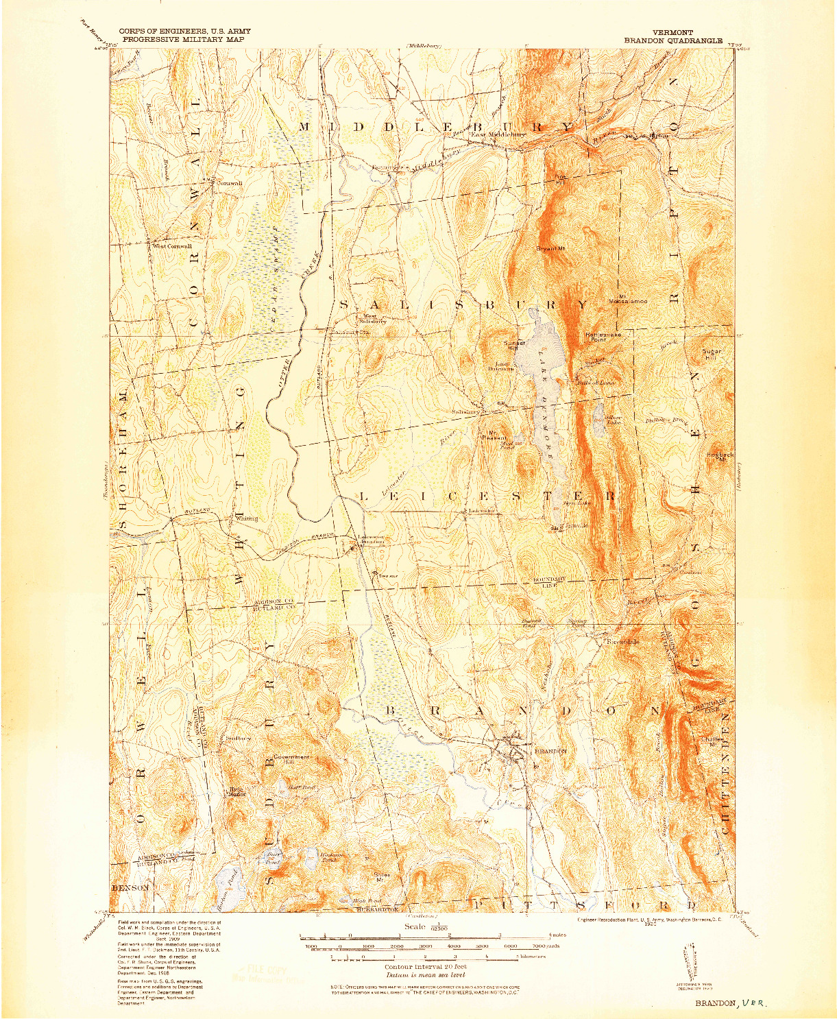 USGS 1:62500-SCALE QUADRANGLE FOR BRANDON, VT 1920