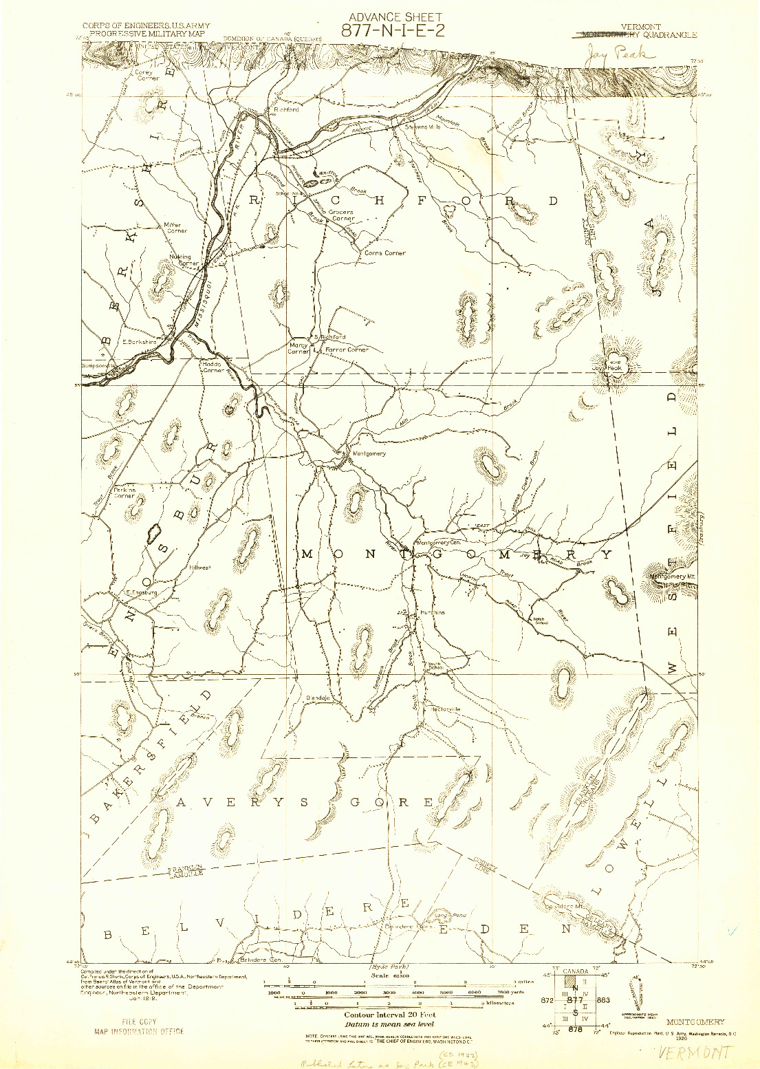 USGS 1:62500-SCALE QUADRANGLE FOR MONTGOMERY, VT 1920