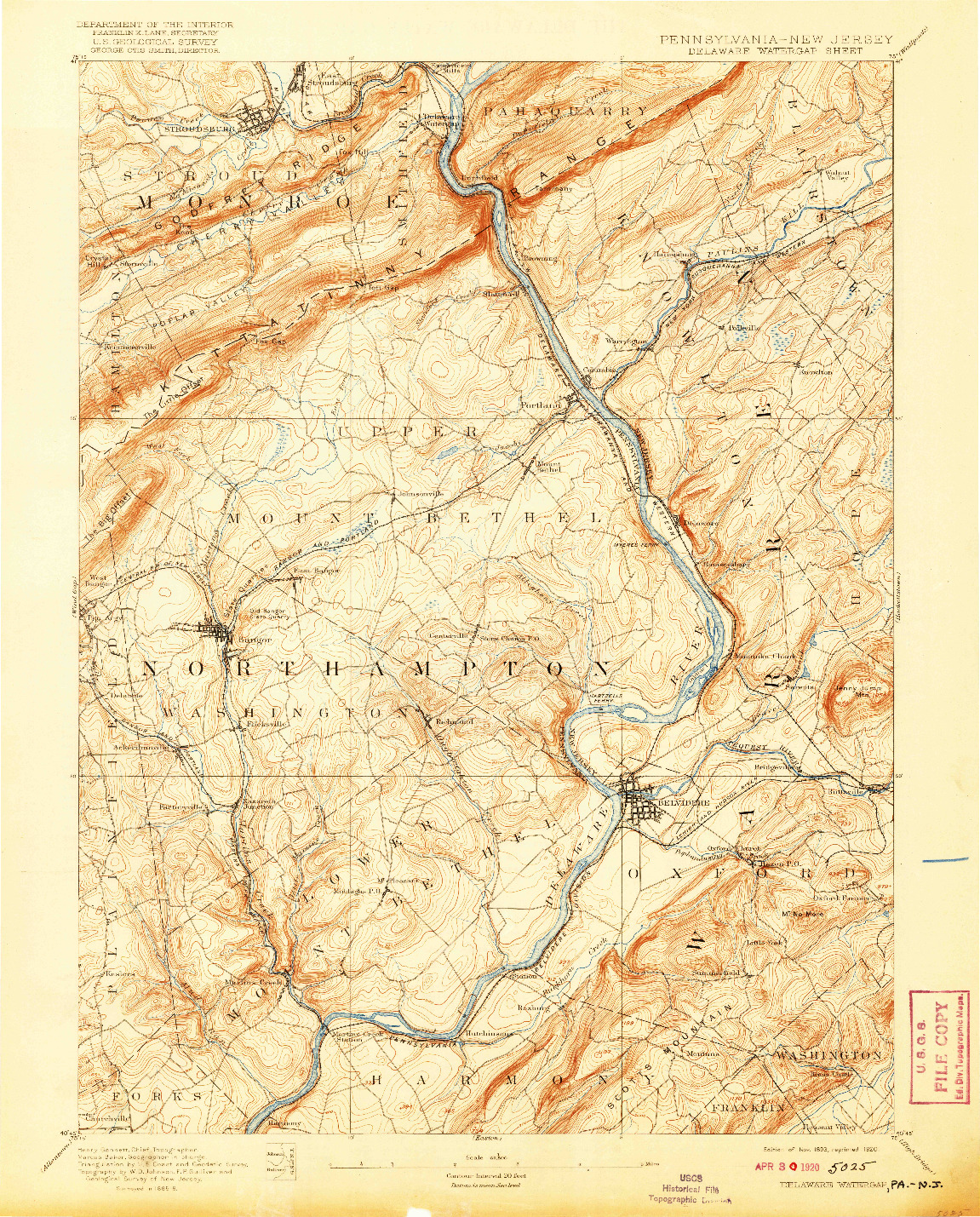 USGS 1:62500-SCALE QUADRANGLE FOR DELAWARE WATERGAP, PA 1893