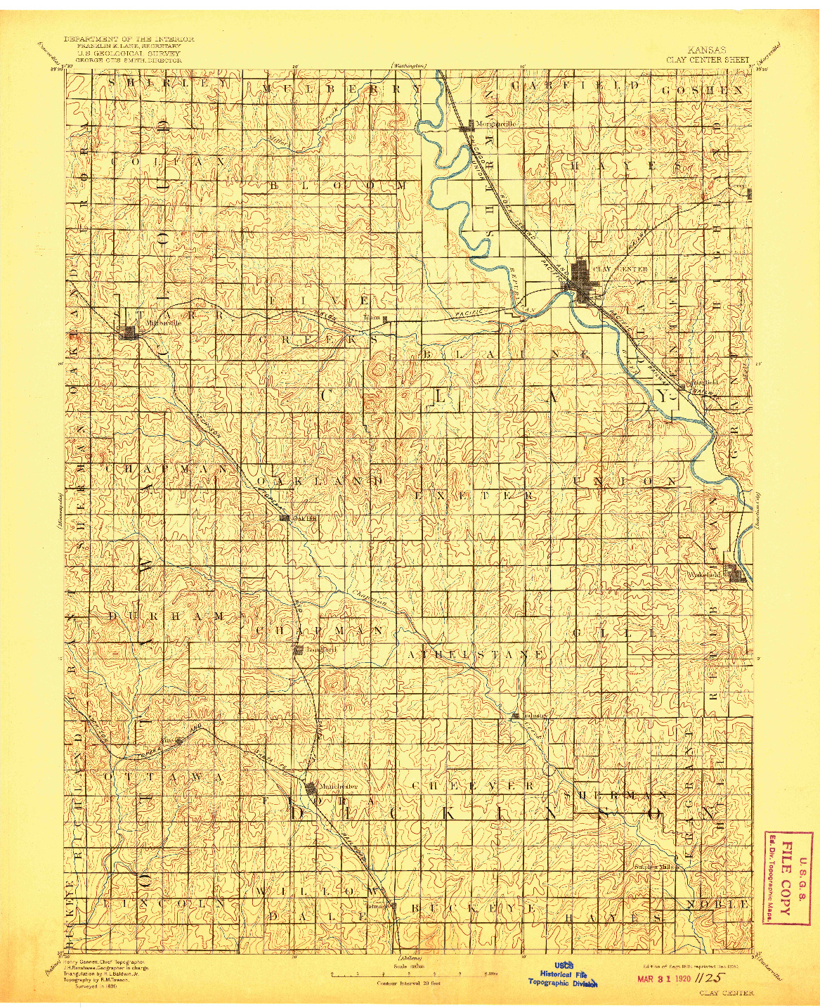 USGS 1:125000-SCALE QUADRANGLE FOR CLAY CENTER, KS 1891