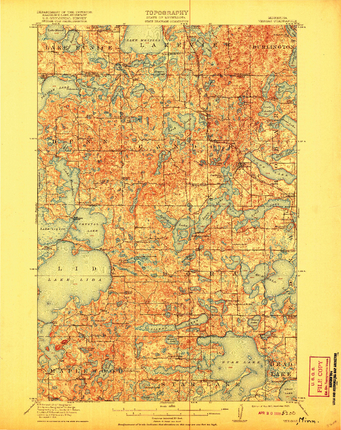 USGS 1:62500-SCALE QUADRANGLE FOR VERGAS, MN 1915