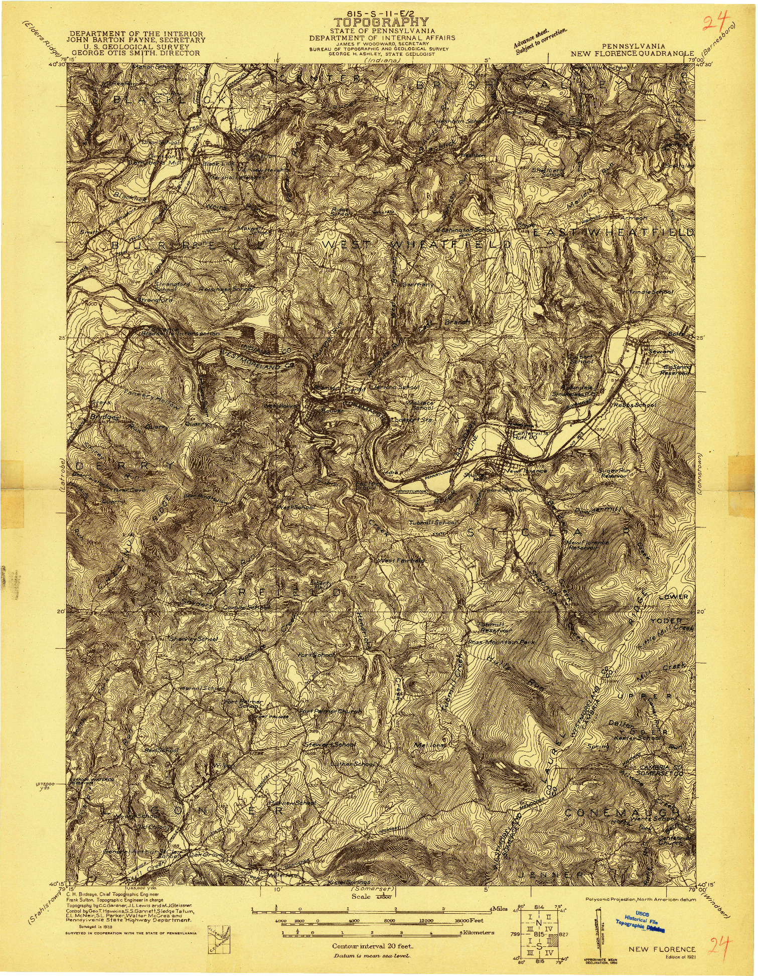 USGS 1:48000-SCALE QUADRANGLE FOR NEW FLORENCE, PA 1921