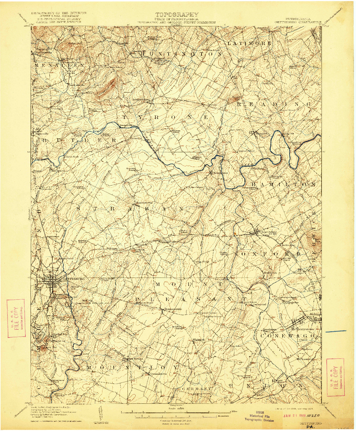 USGS 1:62500-SCALE QUADRANGLE FOR GETTYSBURG, PA 1908