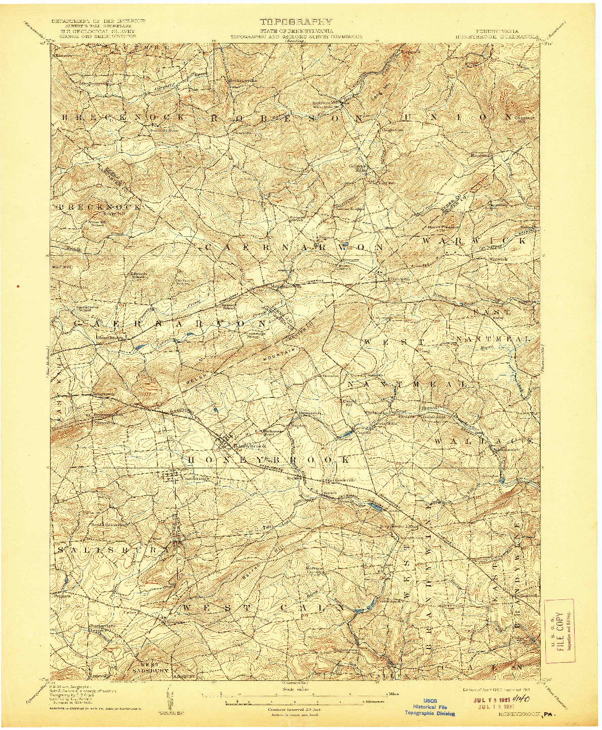 USGS 1:62500-SCALE QUADRANGLE FOR HONEYBROOK, PA 1907