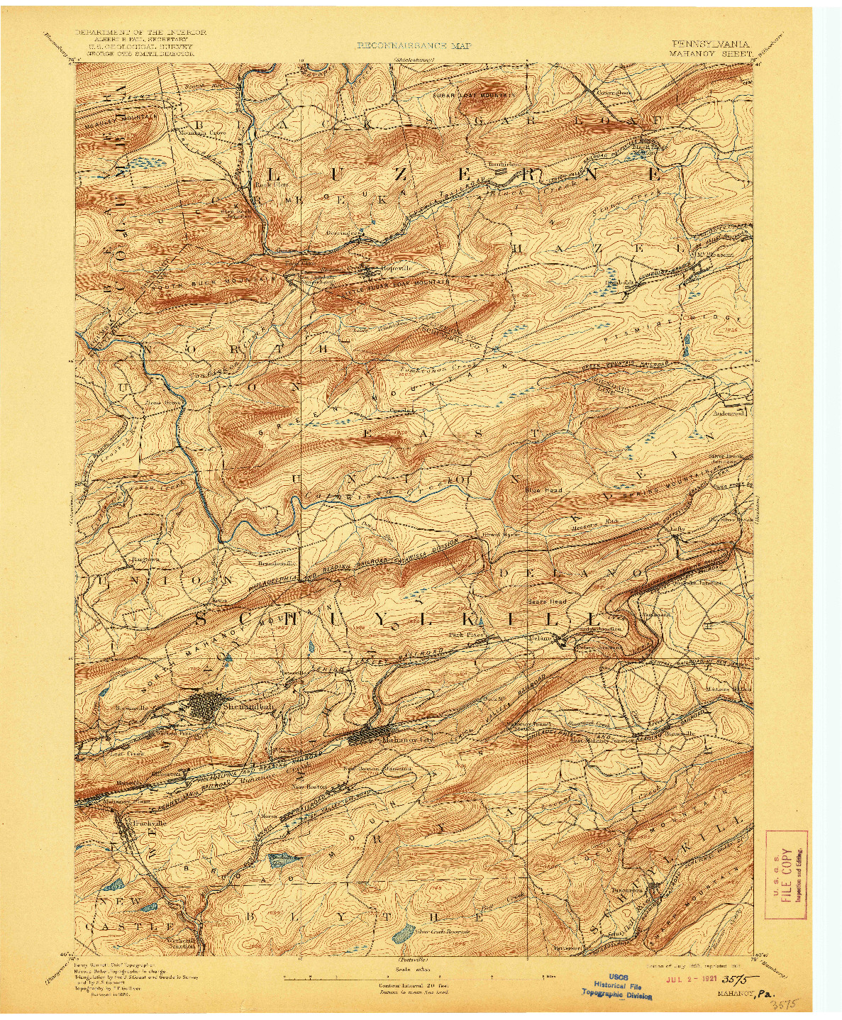 USGS 1:62500-SCALE QUADRANGLE FOR MAHANOY, PA 1893