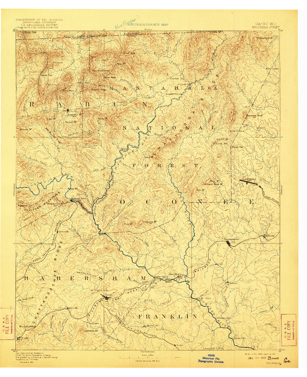 USGS 1:125000-SCALE QUADRANGLE FOR WALHALLA, GA 1892