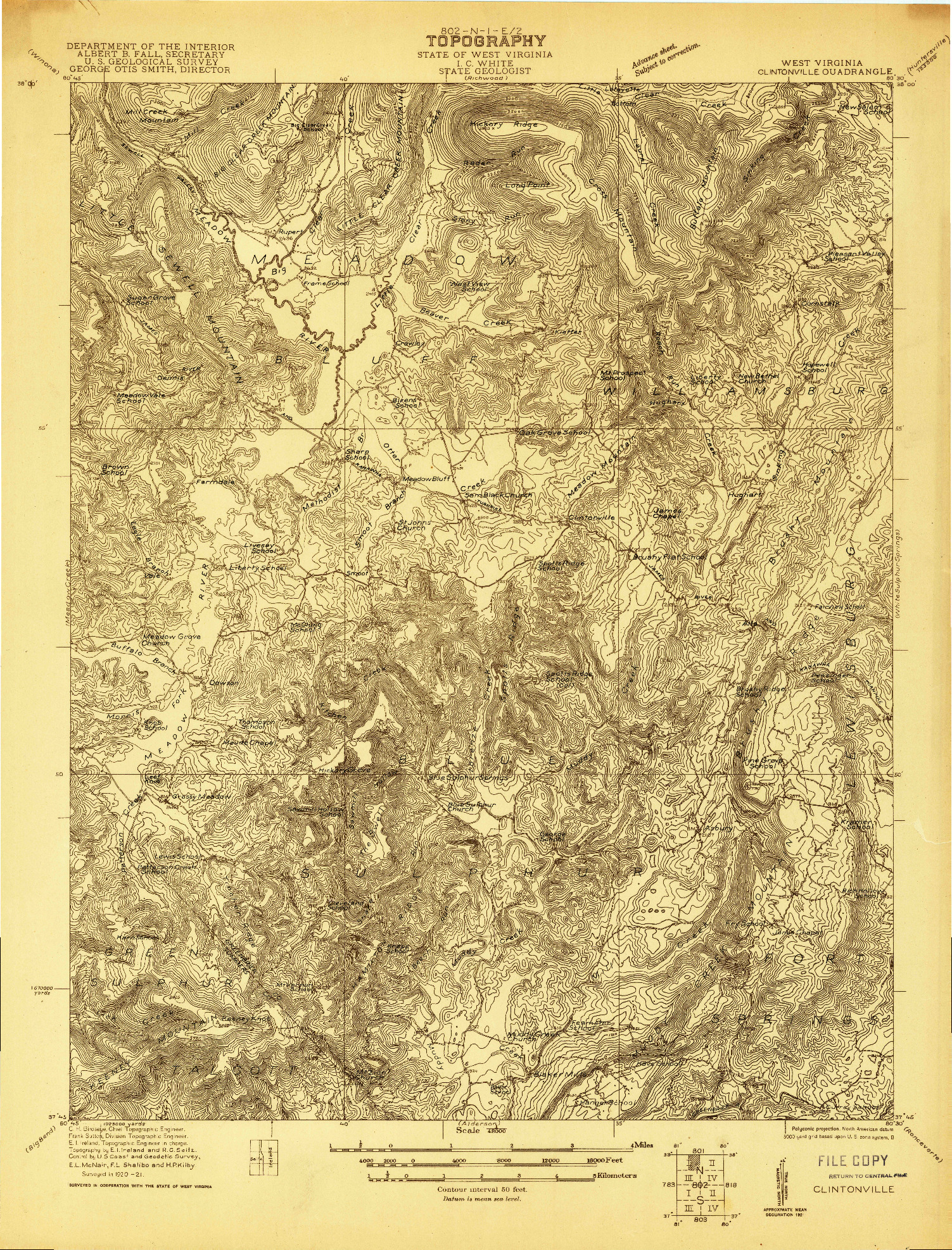 USGS 1:48000-SCALE QUADRANGLE FOR CLINTONVILLE, WV 1921