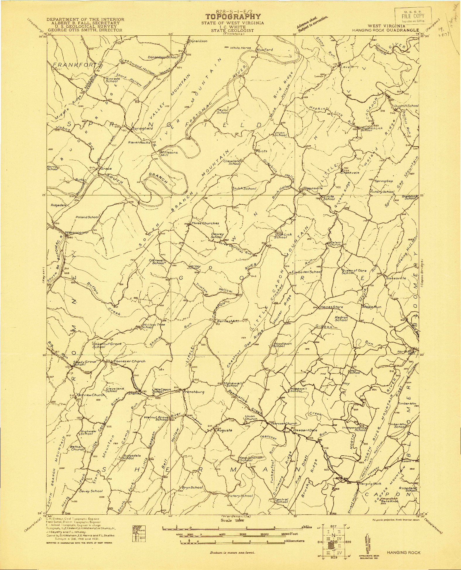 USGS 1:48000-SCALE QUADRANGLE FOR HANGING ROCK, WV 1921