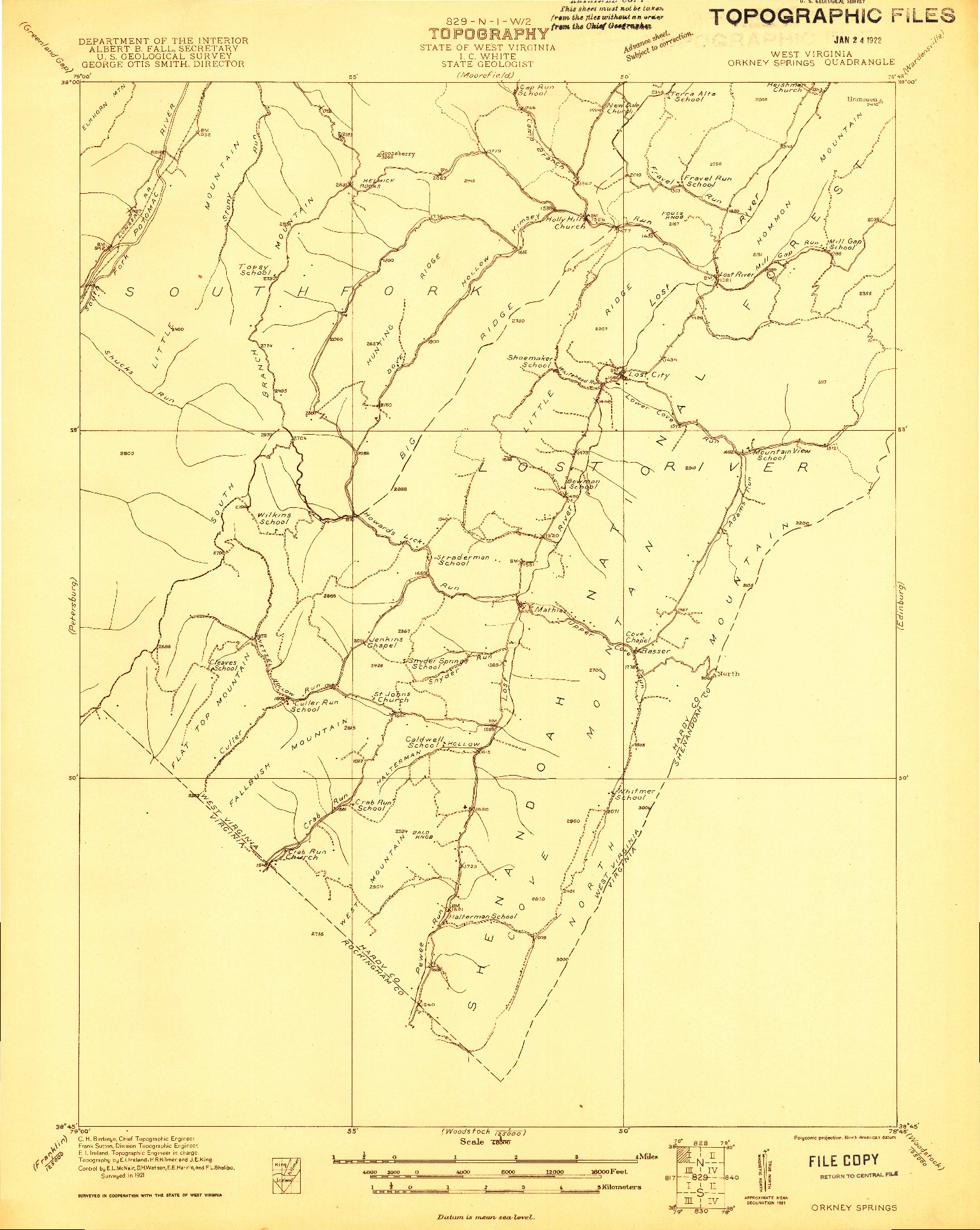 USGS 1:48000-SCALE QUADRANGLE FOR ORKNEY SPRINGS, WV 1921