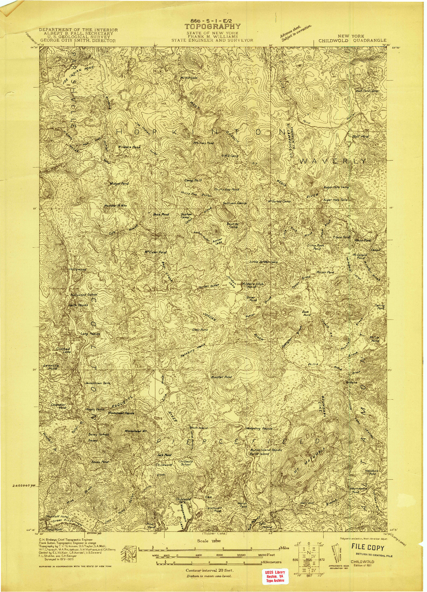 USGS 1:48000-SCALE QUADRANGLE FOR CHILDWOLD, NY 1921