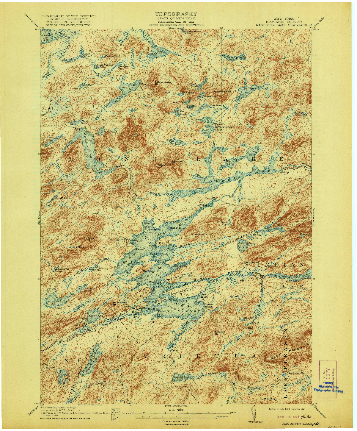 USGS 1:62500-SCALE QUADRANGLE FOR RAQUETTE LAKE, NY 1903