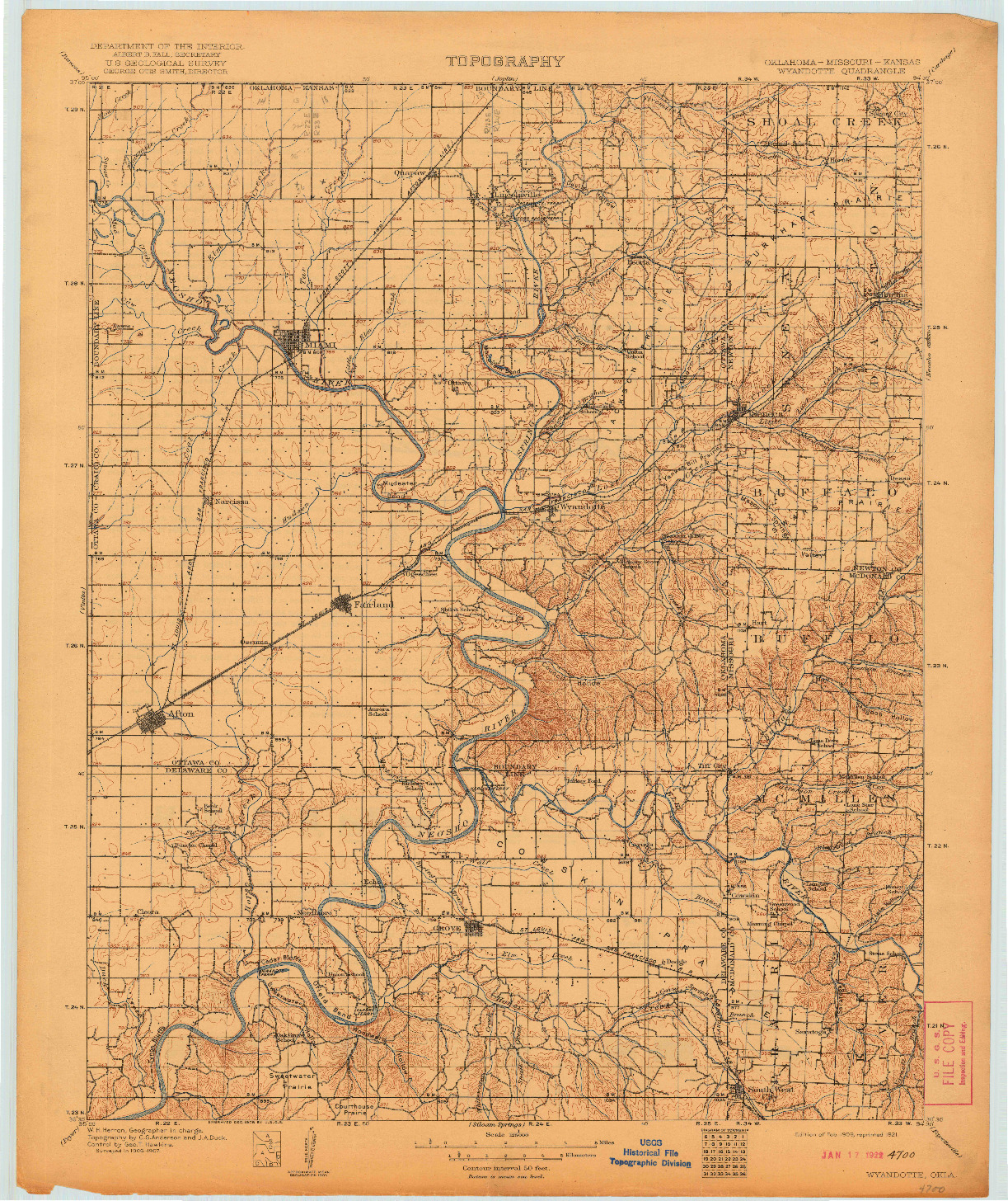 USGS 1:125000-SCALE QUADRANGLE FOR WYANDOTTE, OK 1909