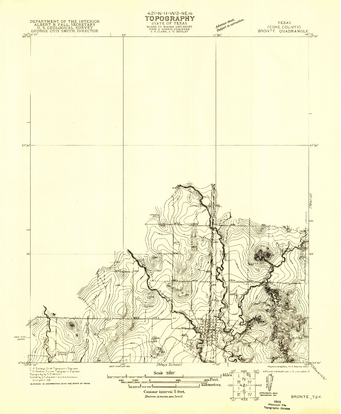 USGS 1:31680-SCALE QUADRANGLE FOR BRONTE, TX 1921