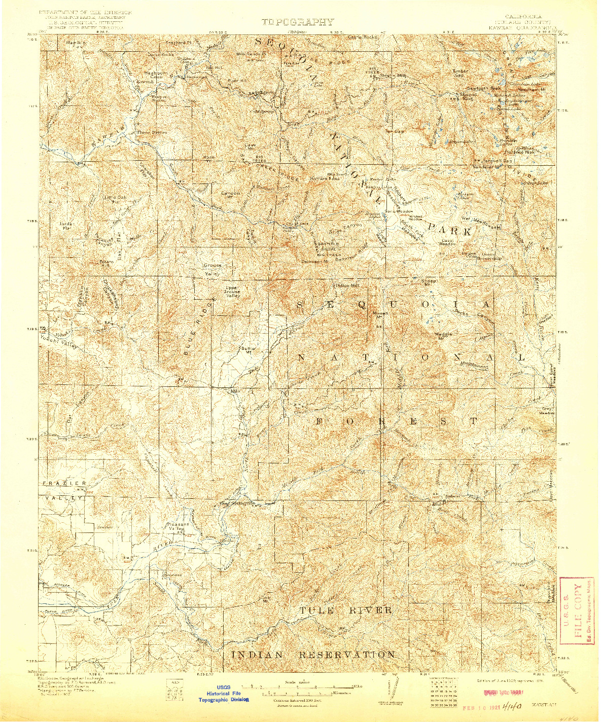 USGS 1:125000-SCALE QUADRANGLE FOR KAWEAH, CA 1909