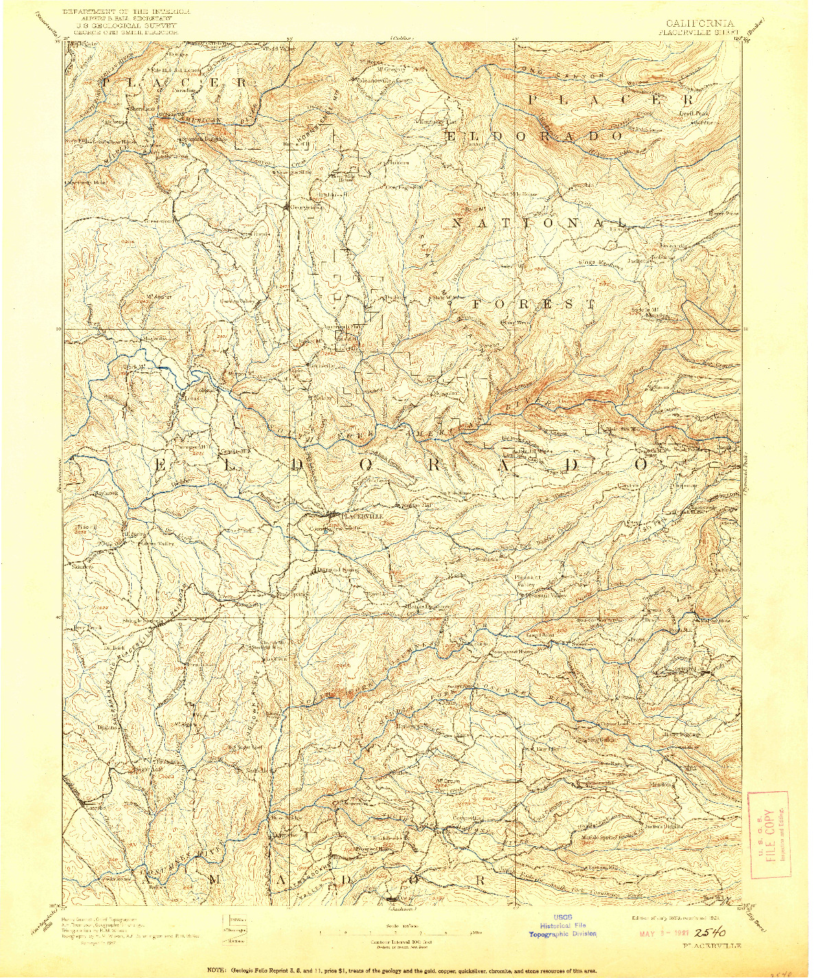 USGS 1:125000-SCALE QUADRANGLE FOR PLACERVILLE, CA 1893