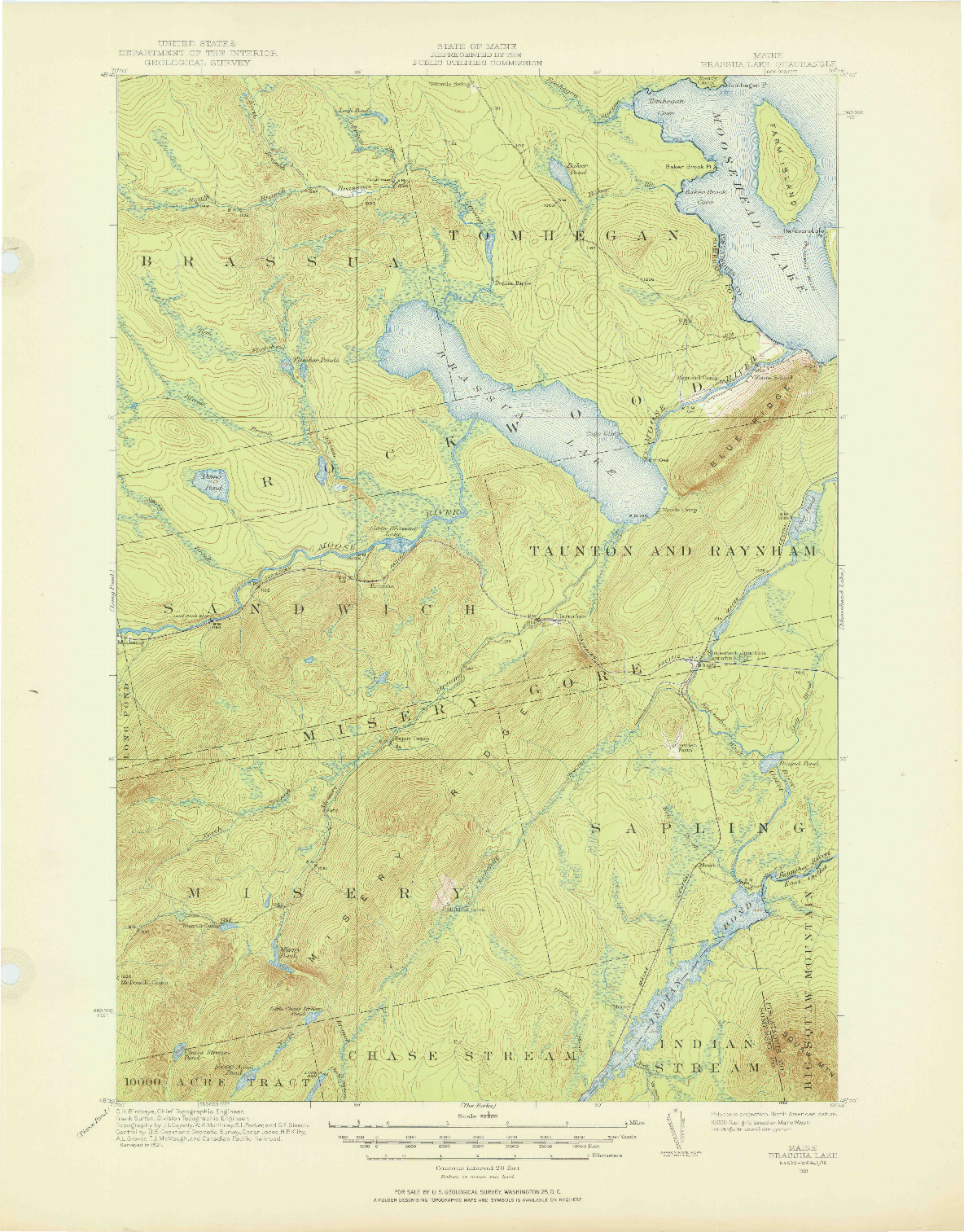 USGS 1:62500-SCALE QUADRANGLE FOR BRASSUA LAKE, ME 1921
