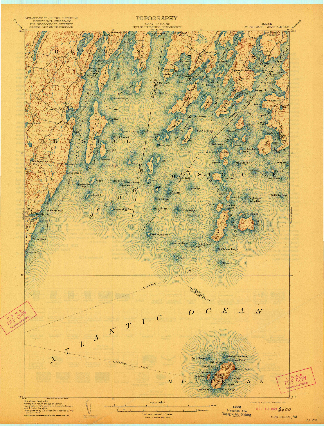 USGS 1:62500-SCALE QUADRANGLE FOR MONHEGAN, ME 1906