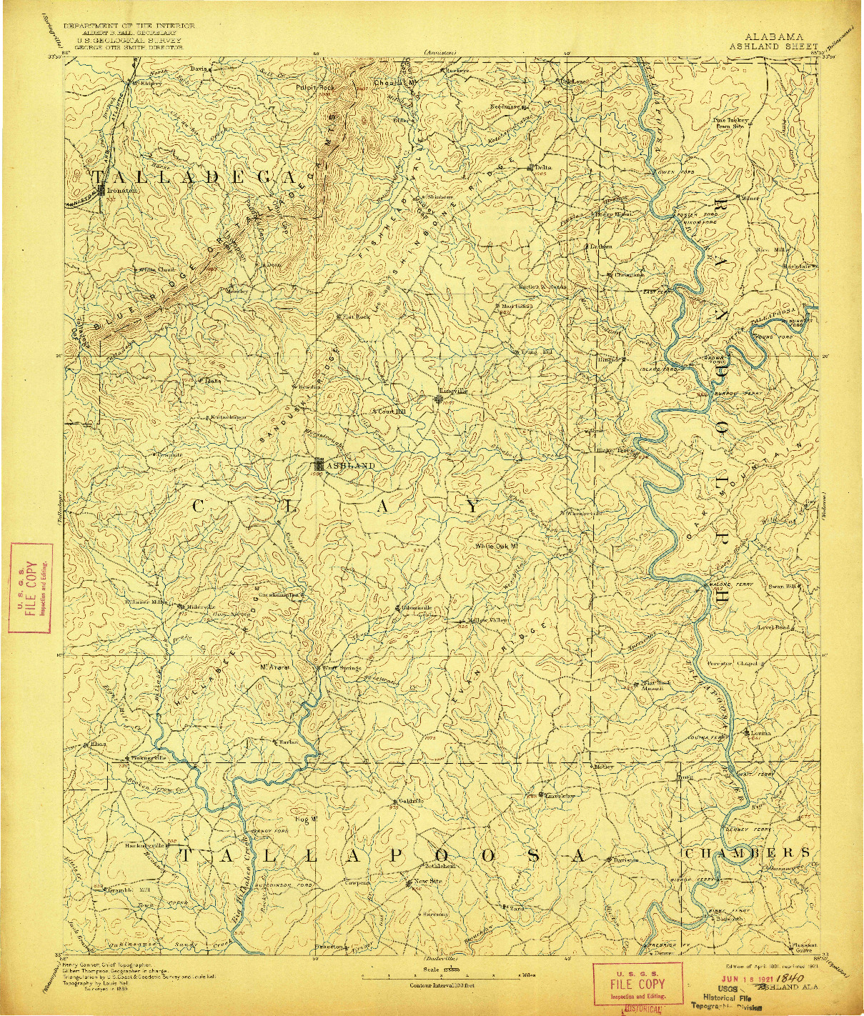 USGS 1:125000-SCALE QUADRANGLE FOR ASHLAND, AL 1891