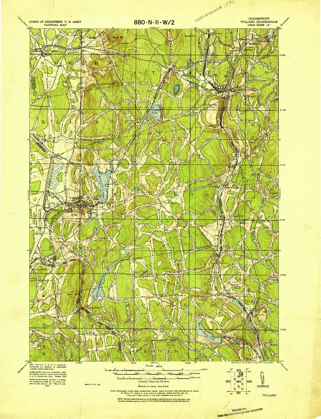 USGS 1:62500-SCALE QUADRANGLE FOR TOLLAND, CT 1921