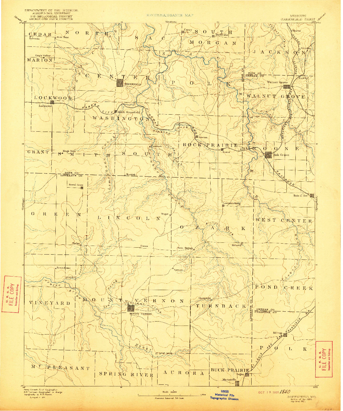 USGS 1:125000-SCALE QUADRANGLE FOR GREENFIELD, MO 1886