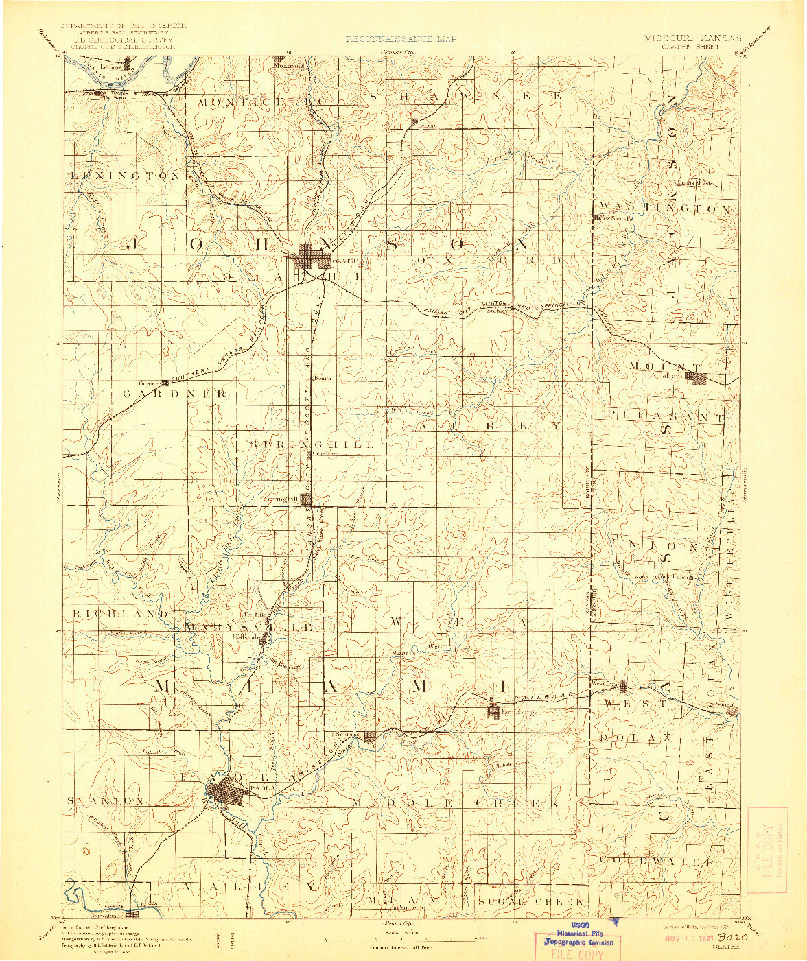 USGS 1:125000-SCALE QUADRANGLE FOR OLATHE, MO 1893