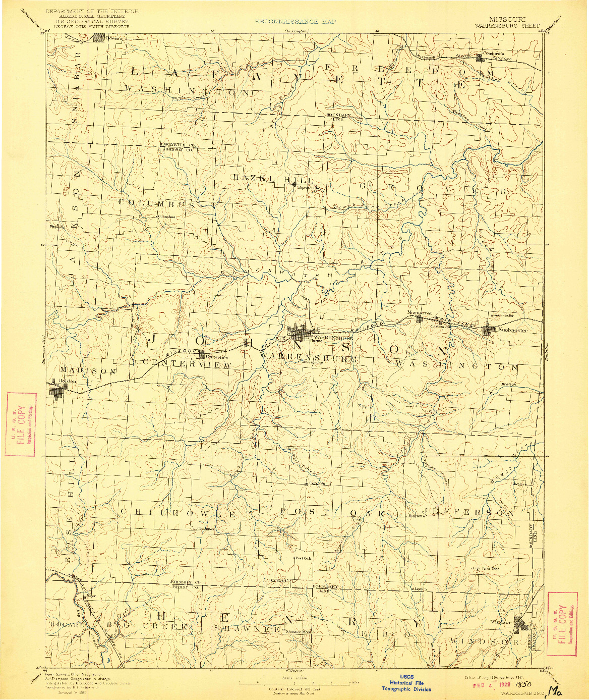 USGS 1:125000-SCALE QUADRANGLE FOR WARRENSBURG, MO 1894