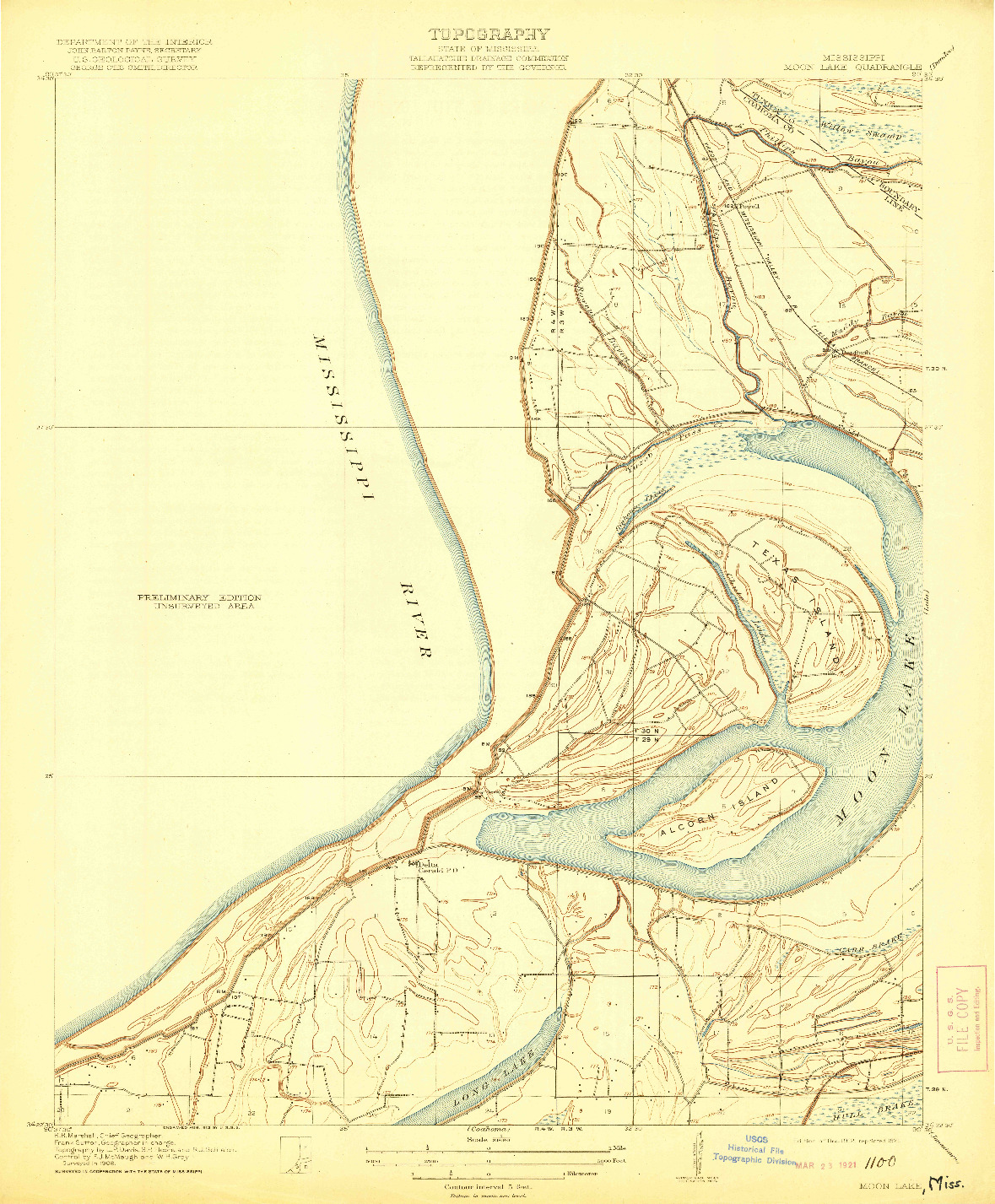 USGS 1:31680-SCALE QUADRANGLE FOR MOON LAKE, MS 1912