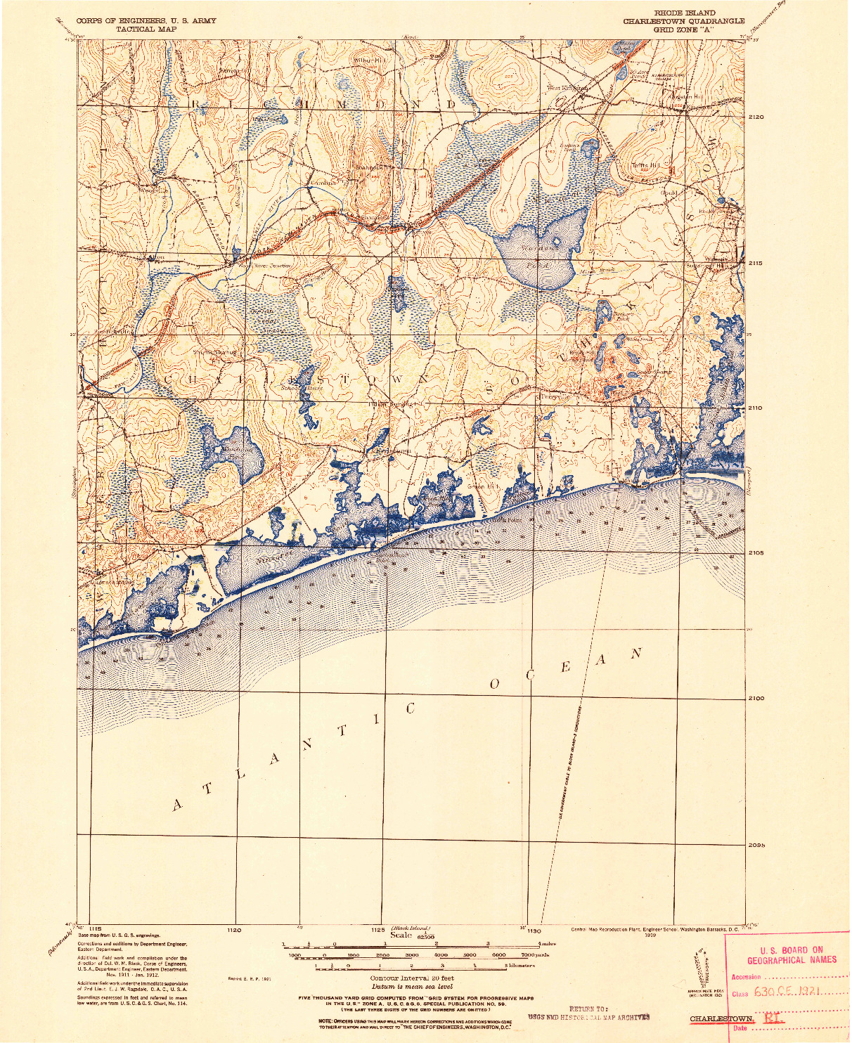 USGS 1:62500-SCALE QUADRANGLE FOR CHARLESTOWN, RI 1921