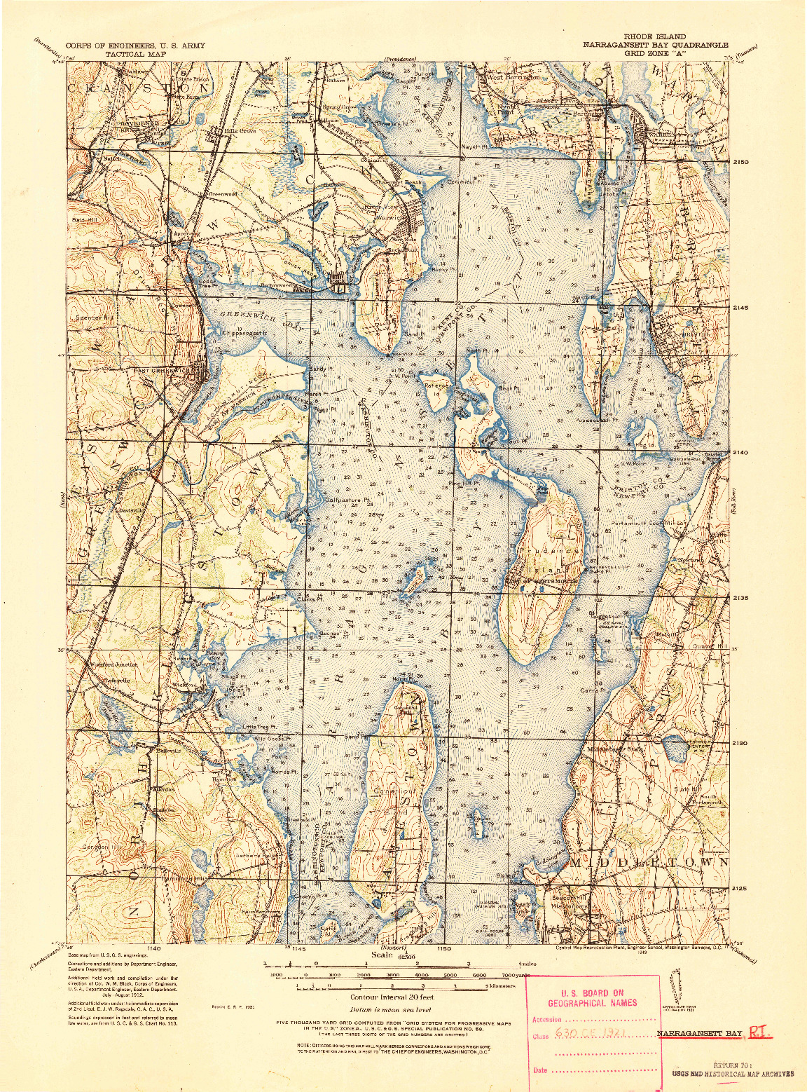 USGS 1:62500-SCALE QUADRANGLE FOR NARRAGANSETT BAY, RI 1919