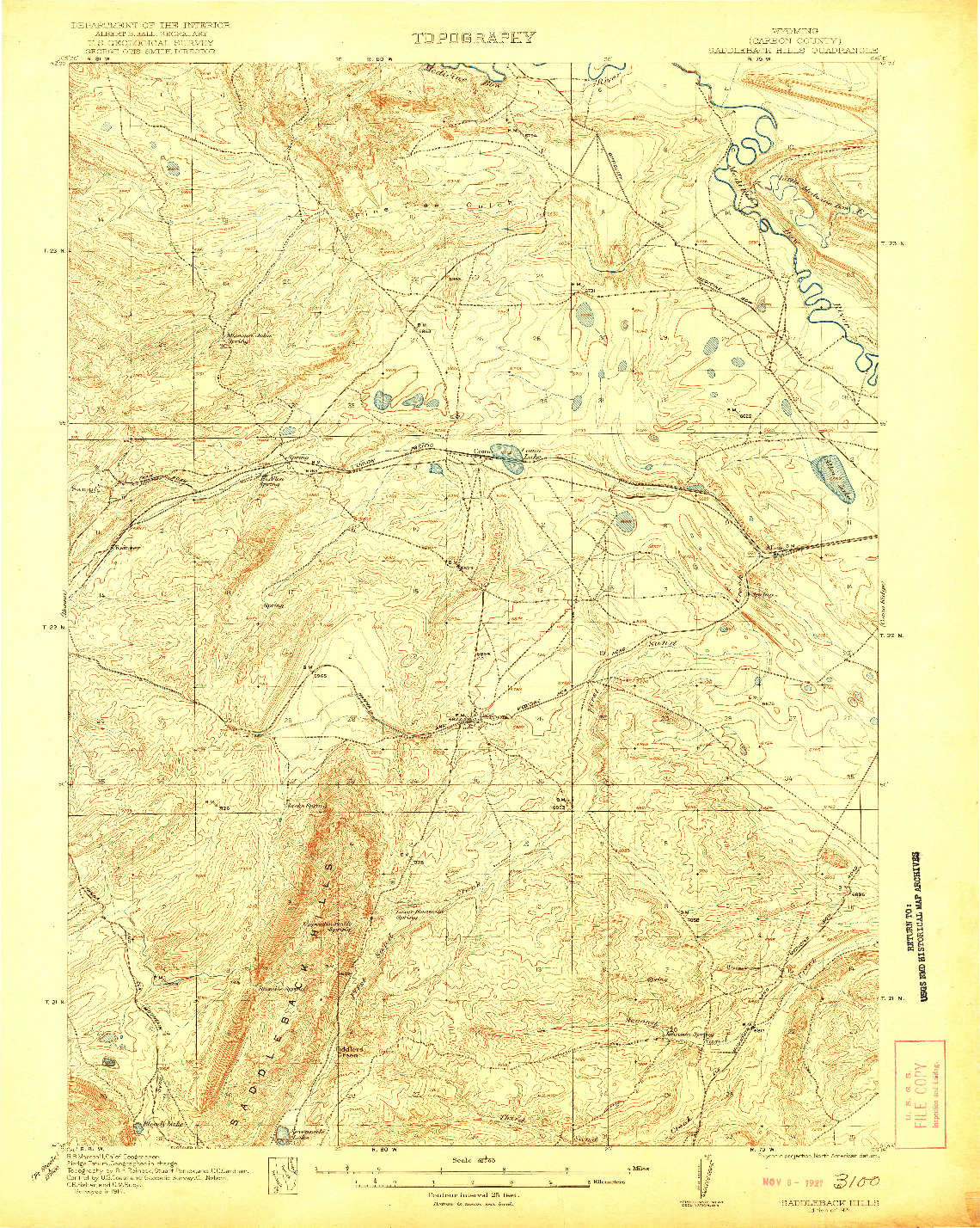 USGS 1:62500-SCALE QUADRANGLE FOR SADDLEBACK HILLS, WY 1921