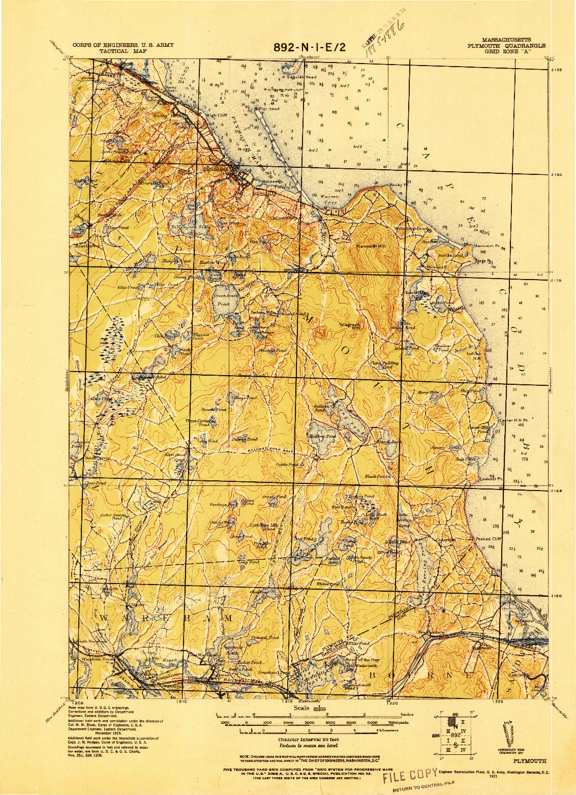 USGS 1:62500-SCALE QUADRANGLE FOR PLYMOUTH, MA 1921
