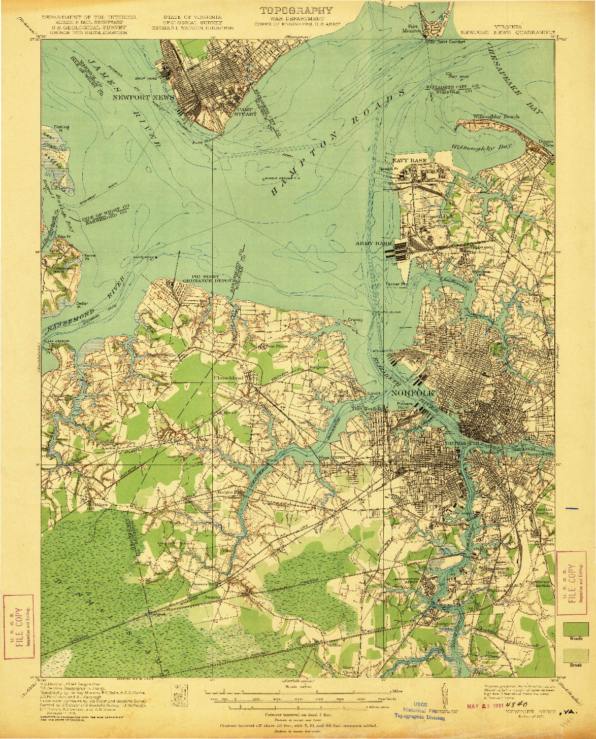 USGS 1:62500-SCALE QUADRANGLE FOR NEWPORT NEWS, VA 1921