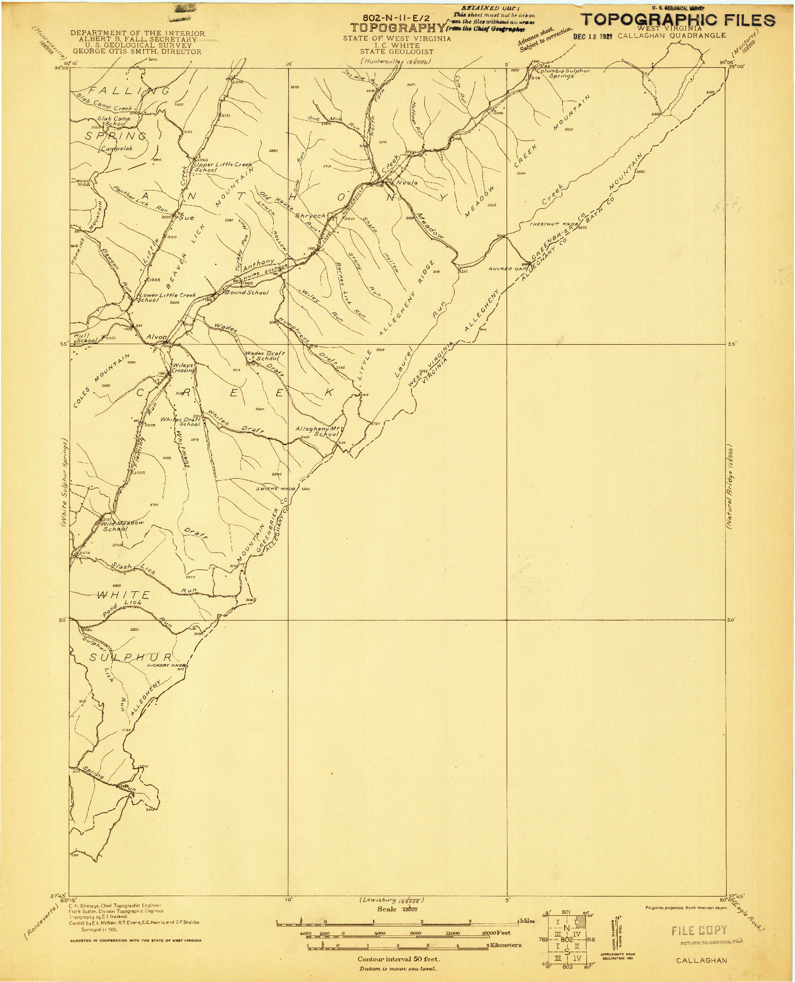 USGS 1:48000-SCALE QUADRANGLE FOR CALLAGHAN, WV 1921