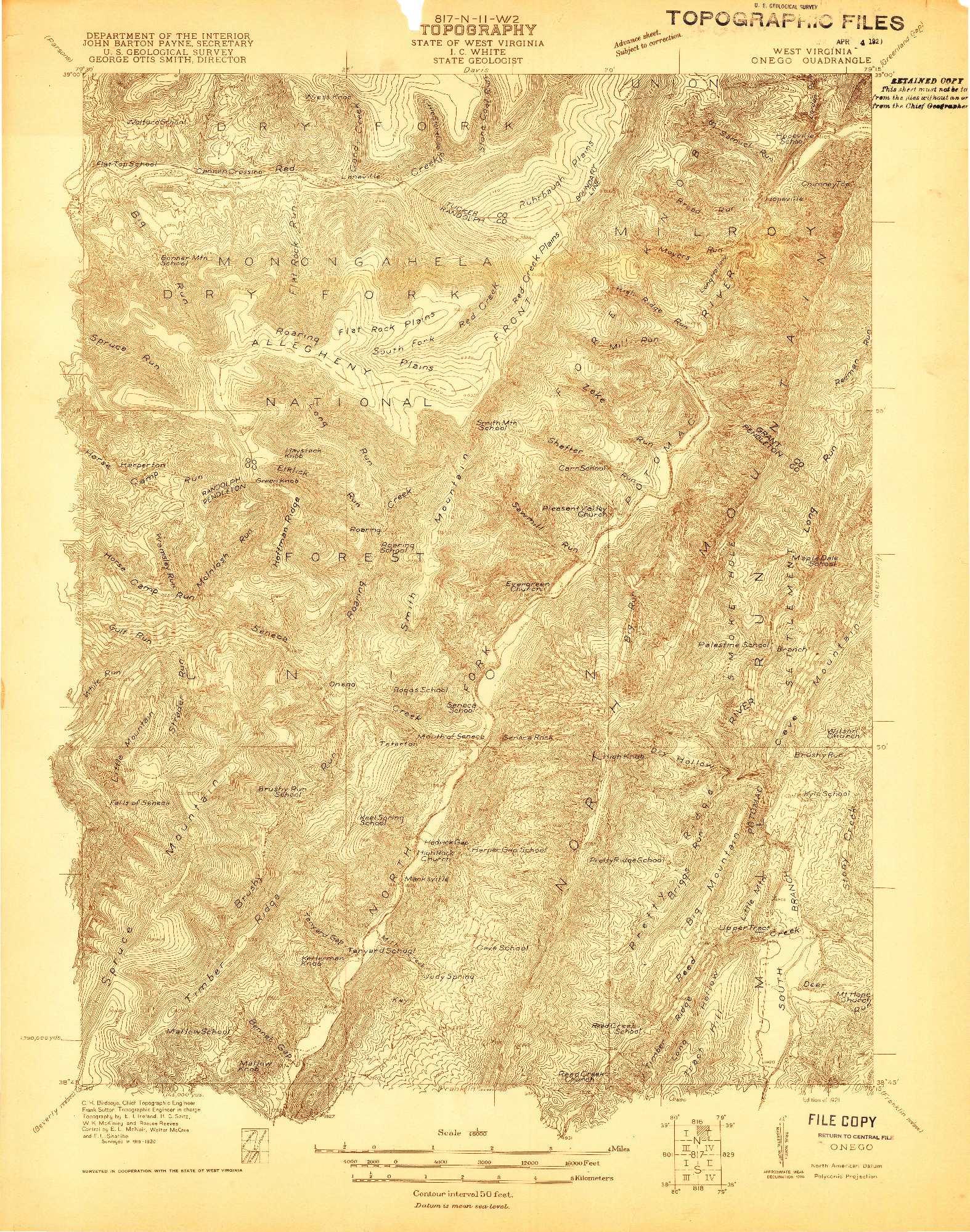 USGS 1:48000-SCALE QUADRANGLE FOR ONEGO, WV 1921