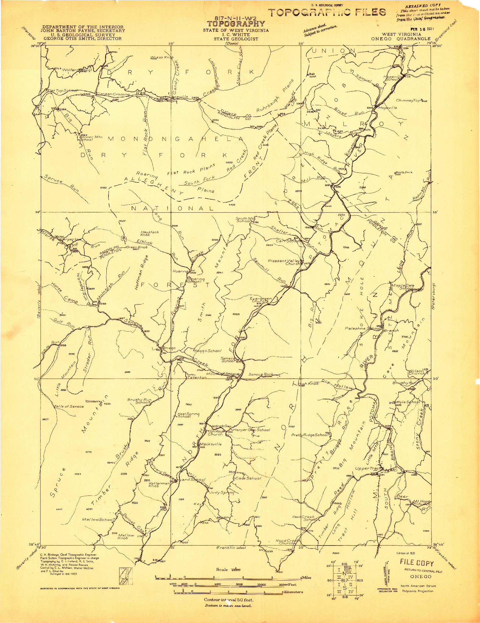 USGS 1:48000-SCALE QUADRANGLE FOR ONEGO, WV 1921