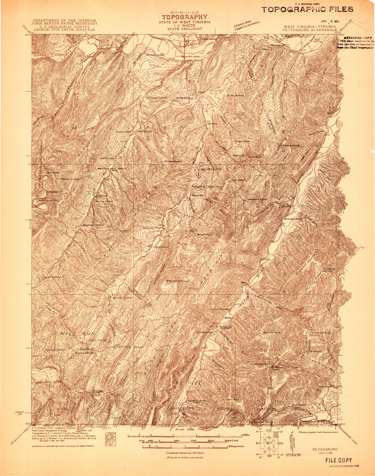 USGS 1:48000-SCALE QUADRANGLE FOR PETERSBURG, WV 1921