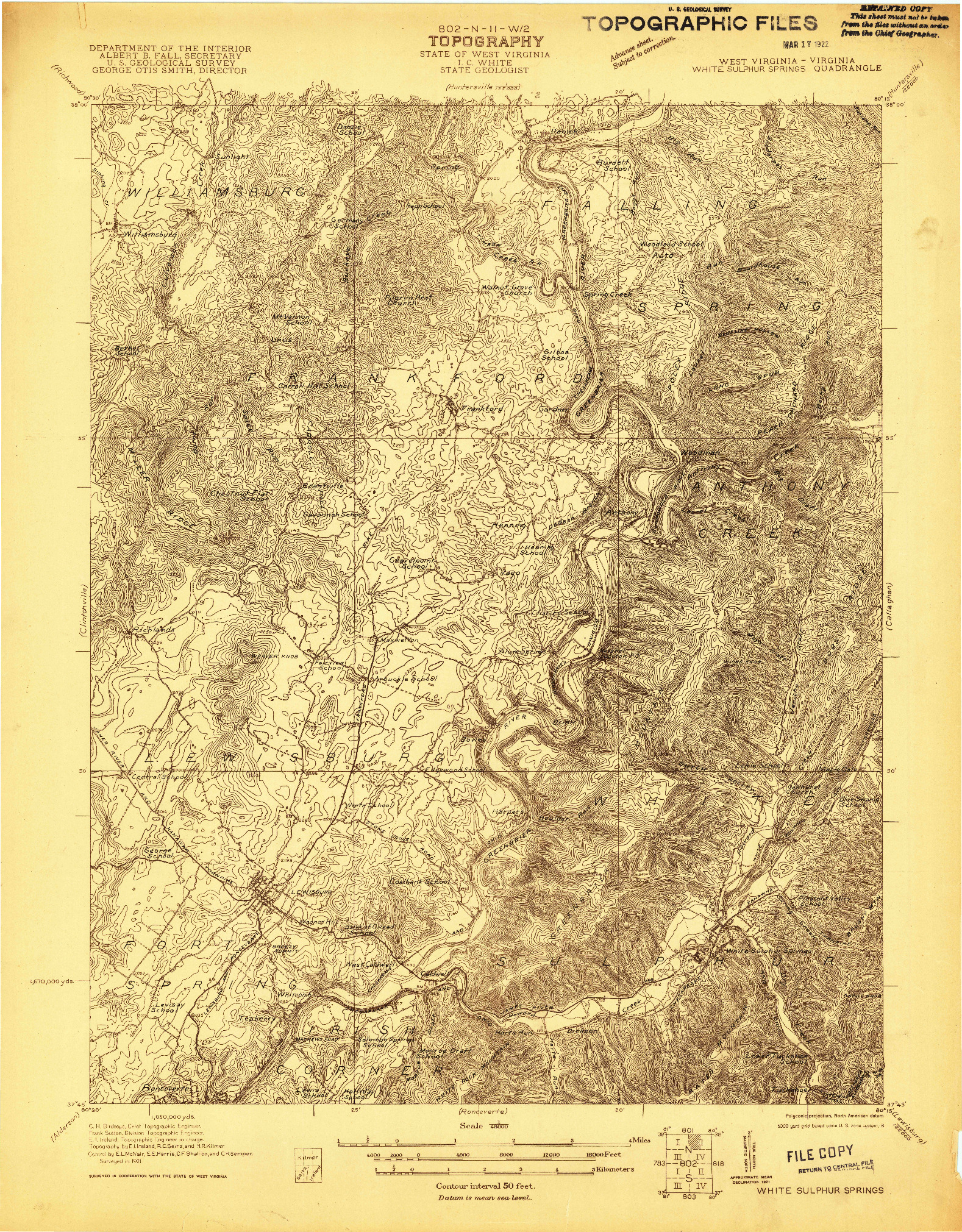 USGS 1:48000-SCALE QUADRANGLE FOR WHITE SULPHUR SPRINGS, WV 1921