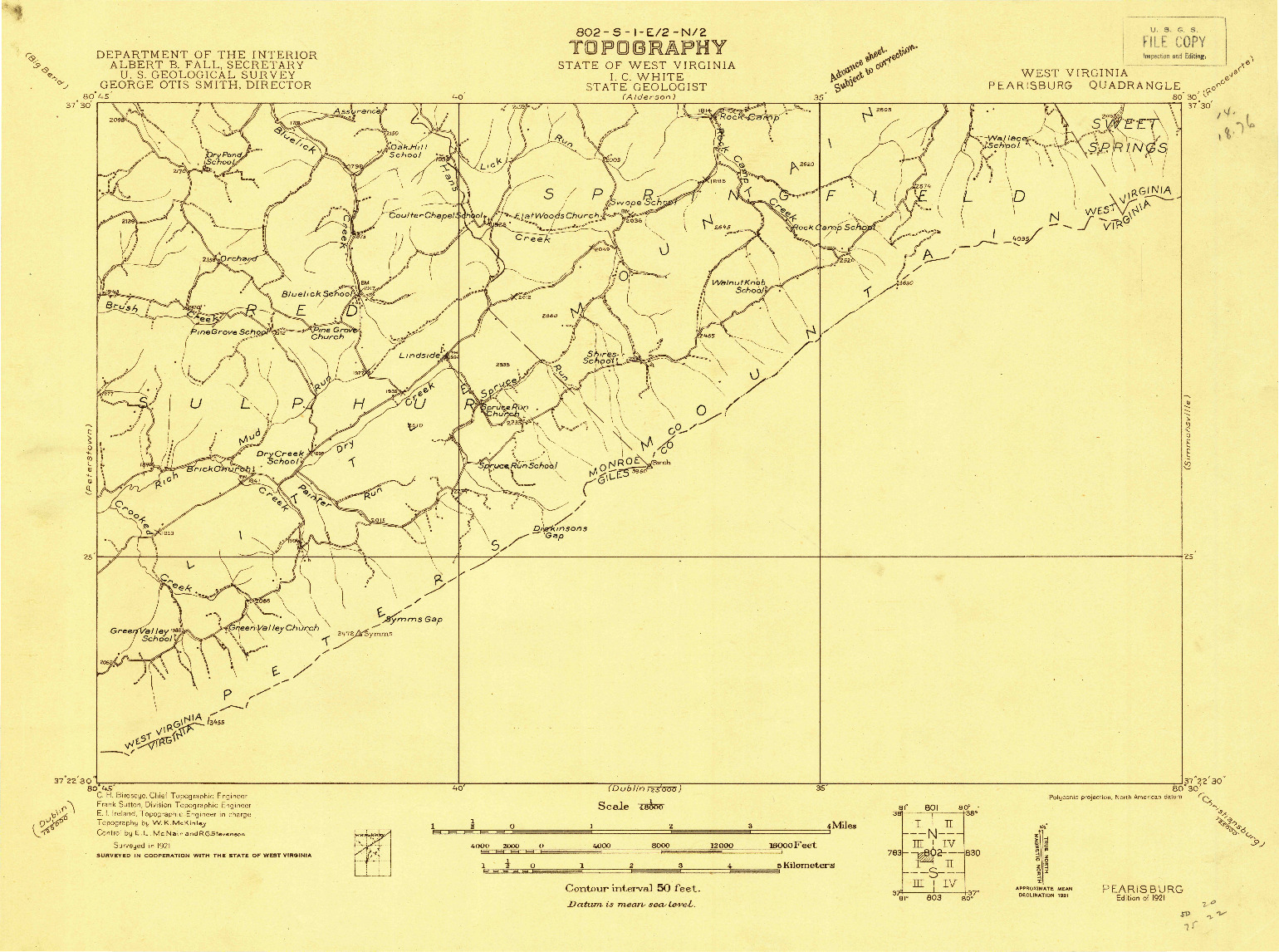 USGS 1:48000-SCALE QUADRANGLE FOR PEARISBURG, WV 1921