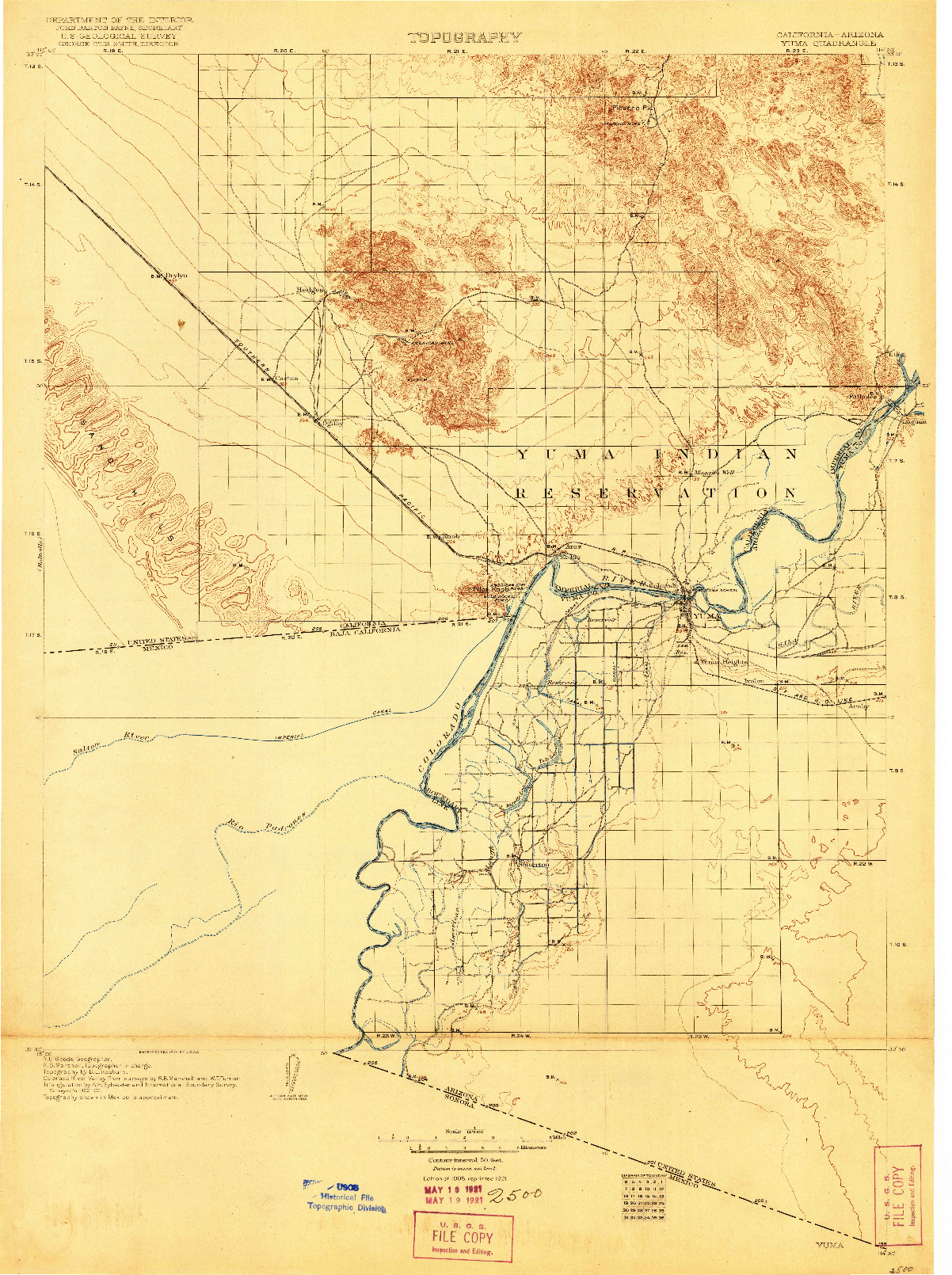 USGS 1:125000-SCALE QUADRANGLE FOR YUMA, CA 1905