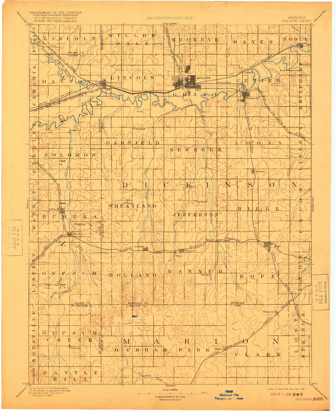 USGS 1:125000-SCALE QUADRANGLE FOR ABILENE, KS 1894