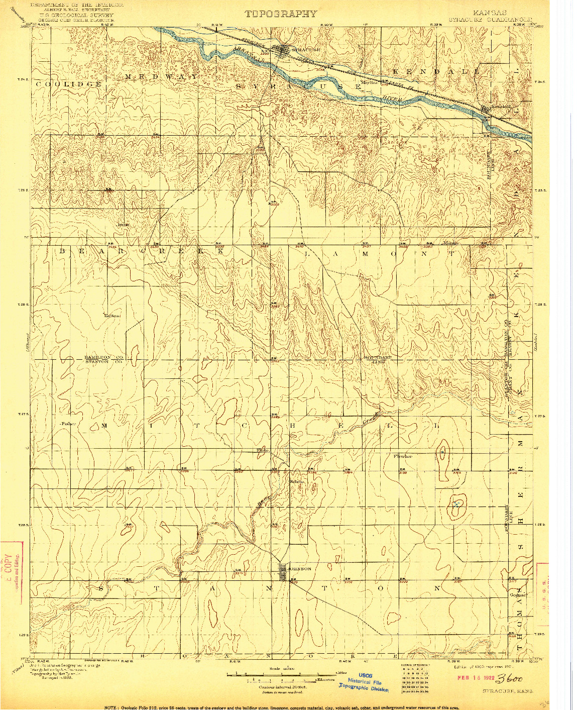 USGS 1:125000-SCALE QUADRANGLE FOR SYRACUSE, KS 1900