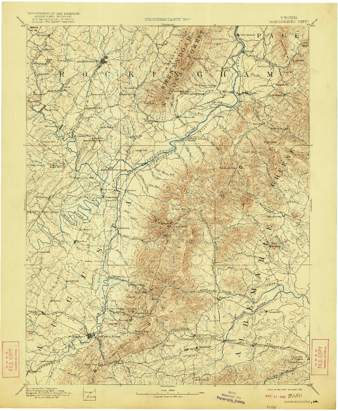 USGS 1:125000-SCALE QUADRANGLE FOR HARRISONBURG, VA 1892