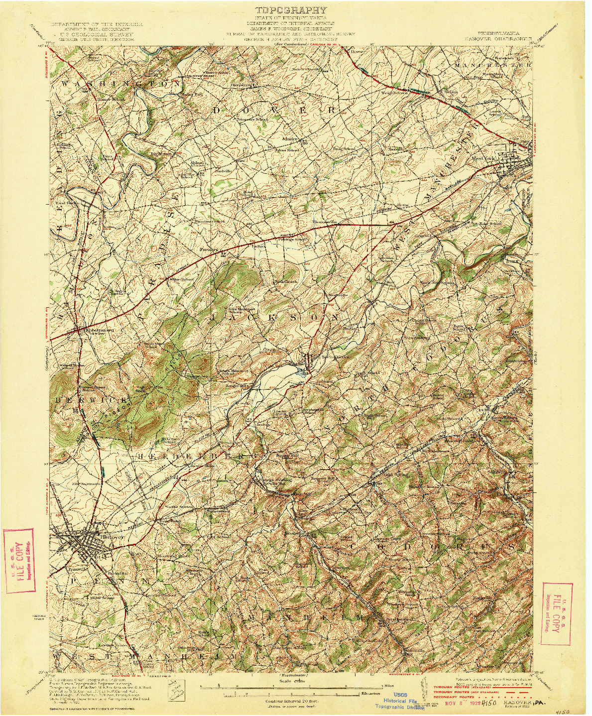 USGS 1:62500-SCALE QUADRANGLE FOR HANOVER, PA 1922