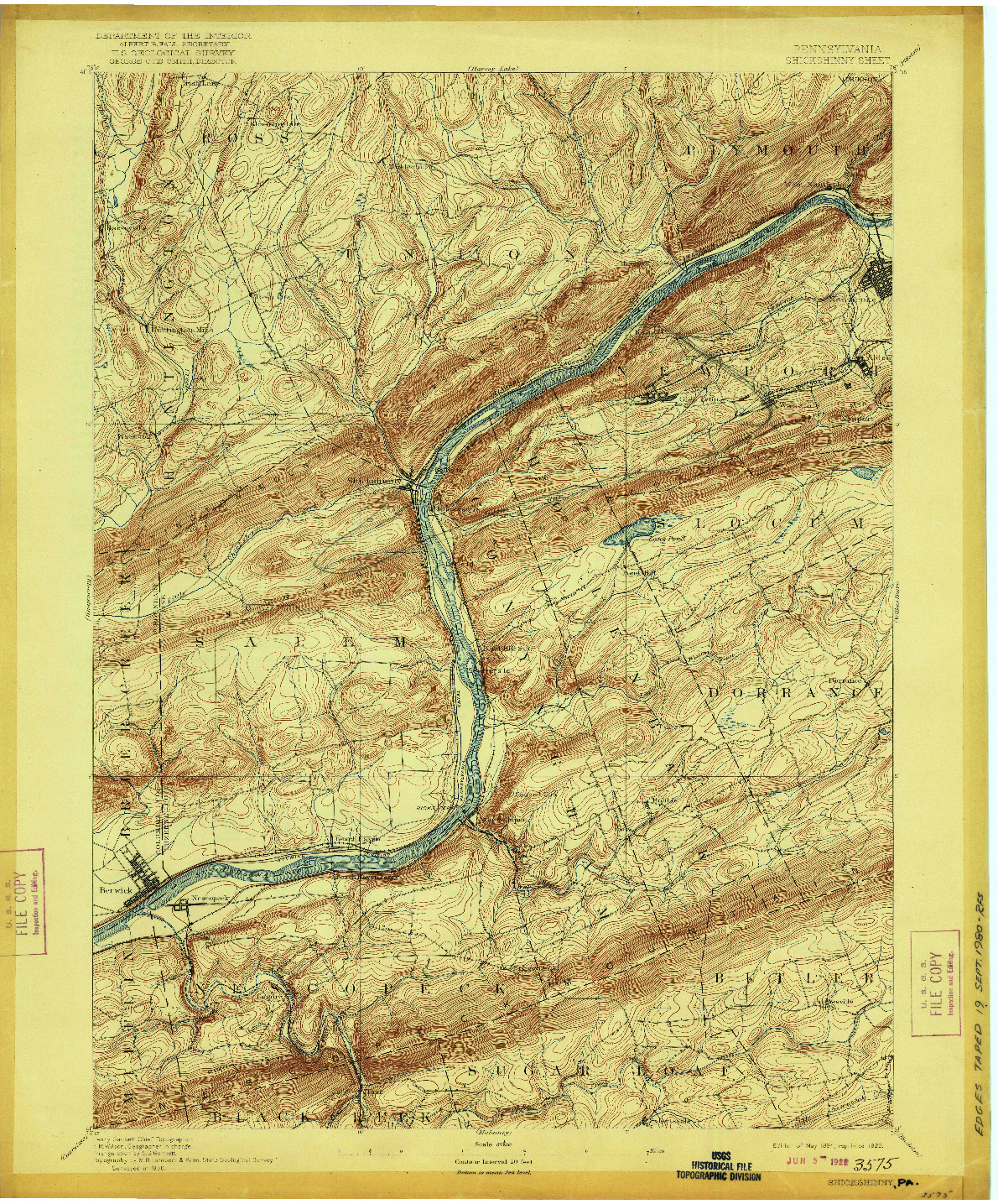 USGS 1:62500-SCALE QUADRANGLE FOR SHICKSHINNY, PA 1894