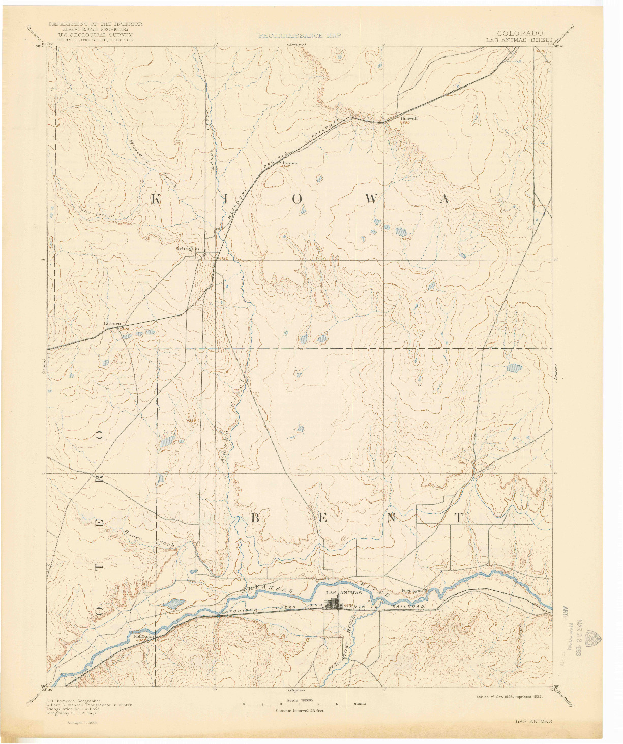 USGS 1:125000-SCALE QUADRANGLE FOR LAS ANIMAS, CO 1893