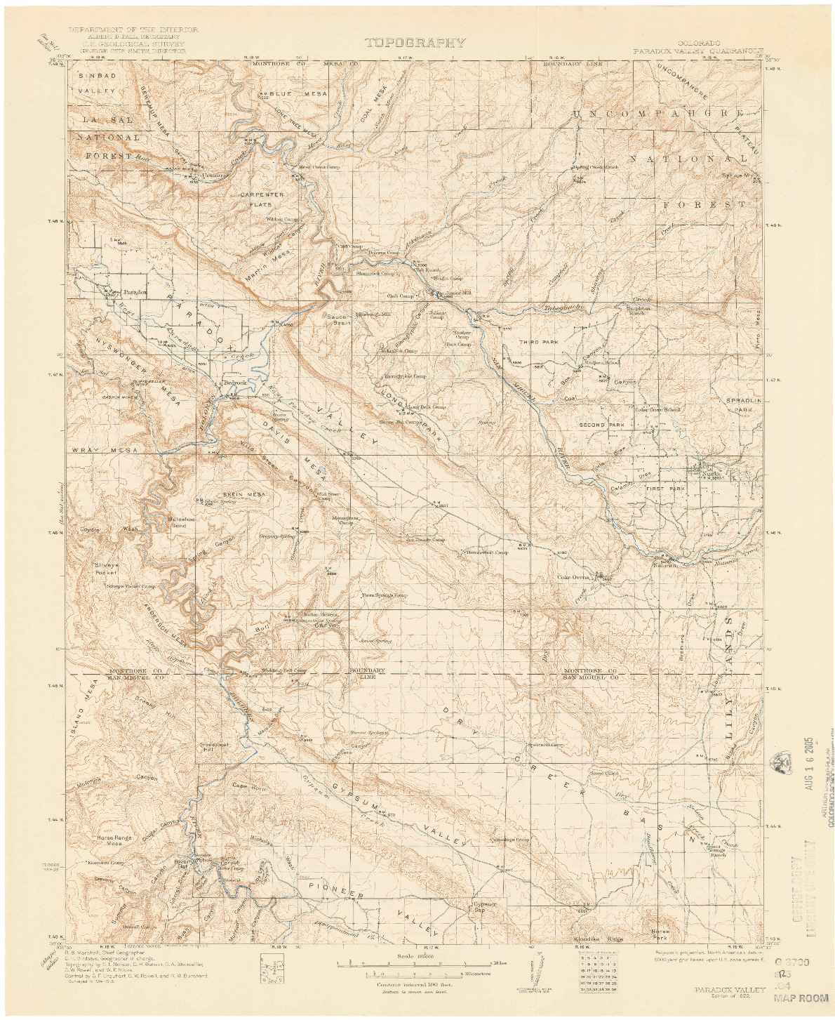 USGS 1:125000-SCALE QUADRANGLE FOR PARADOX VALLEY, CO 1922