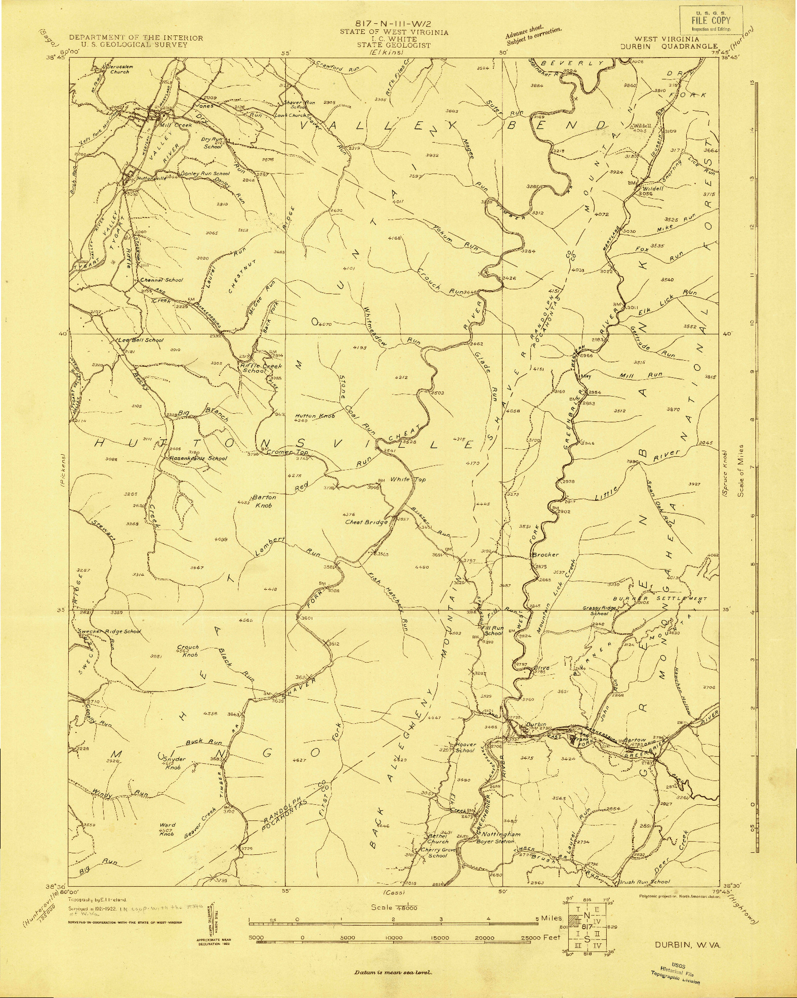 USGS 1:48000-SCALE QUADRANGLE FOR DURBIN, WV 1922