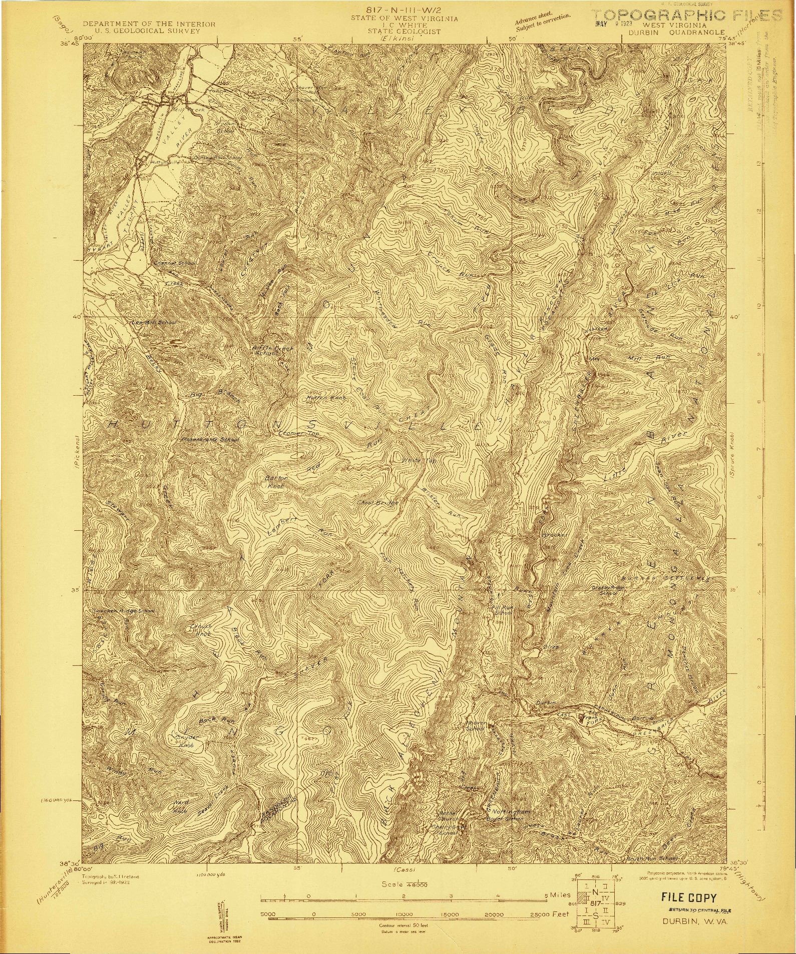 USGS 1:48000-SCALE QUADRANGLE FOR DURBIN, WV 1922