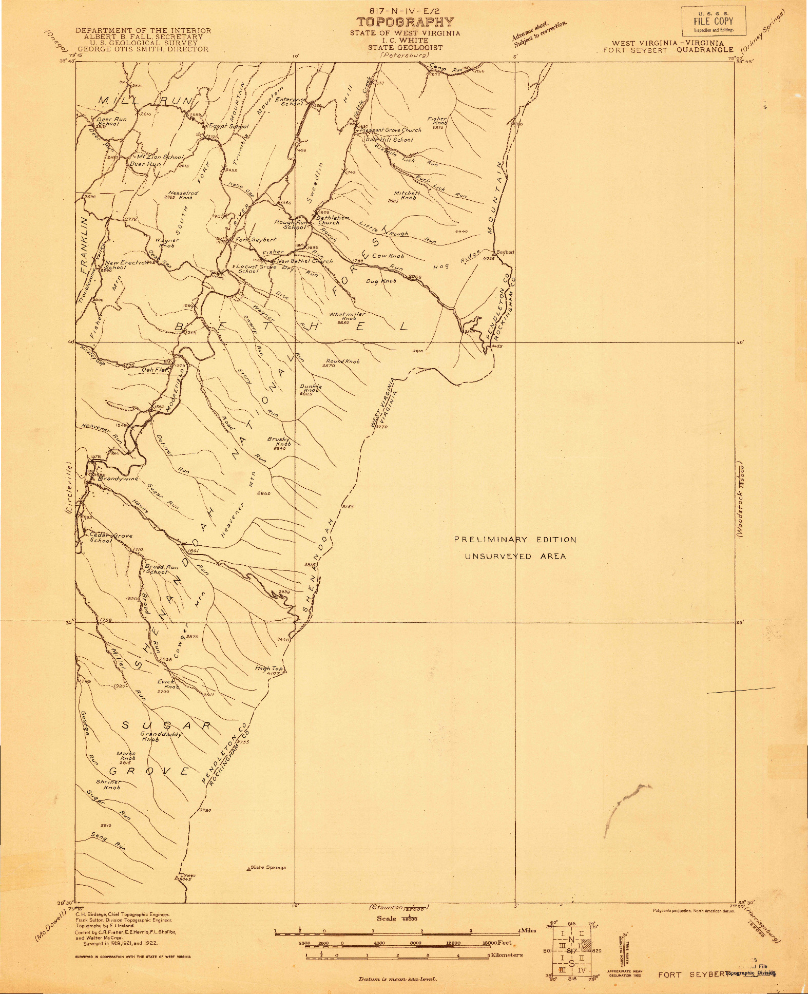 USGS 1:48000-SCALE QUADRANGLE FOR FORT SEYBERT, WV 1922