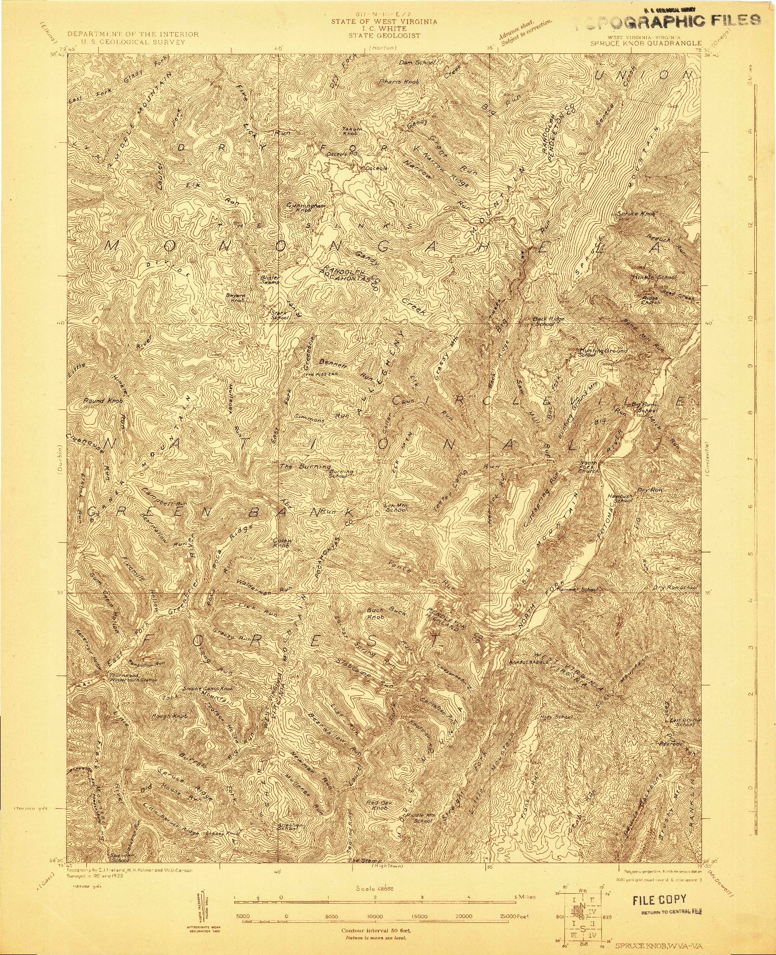 USGS 1:48000-SCALE QUADRANGLE FOR SPRUCE KNOB, WV 1922